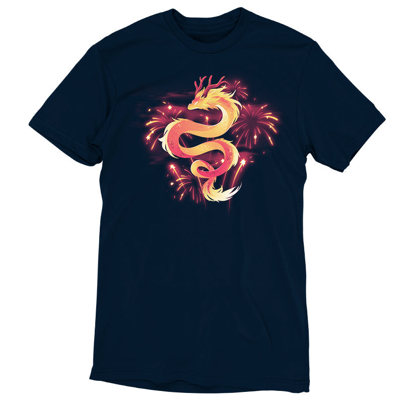 Premium Cotton T-shirt_TeeTurtle lunar new year dragon navy blue t-shirt featuring a gradon amidst fireworks.