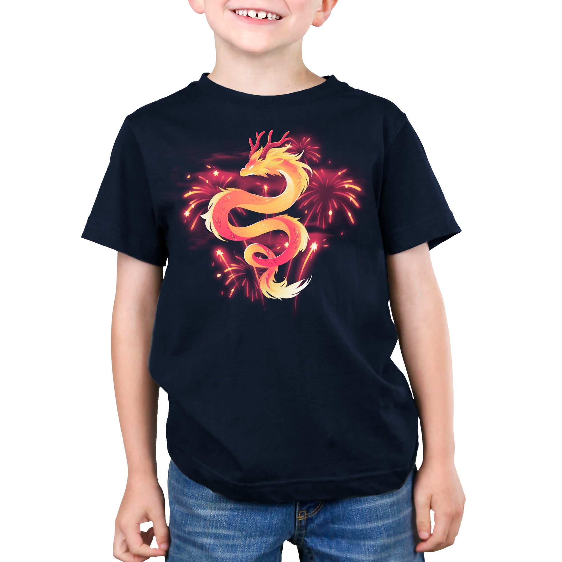 Premium Cotton T-shirt_TeeTurtle lunar new year dragon navy blue t-shirt featuring a gradon amidst fireworks.