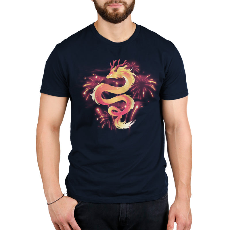 Premium Cotton T-shirt_TeeTurtle lunar new year dragon navy blue t-shirt featuring a gradon amidst fireworks.