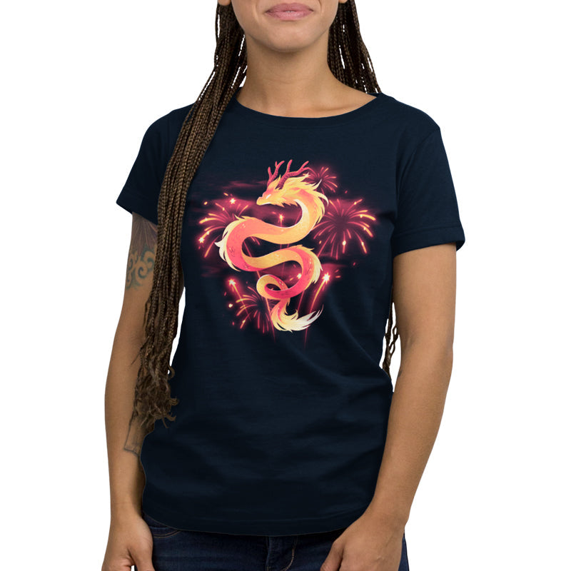 Premium Cotton T-shirt_TeeTurtle lunar new year dragon navy blue t-shirt featuring a gradon amidst fireworks.