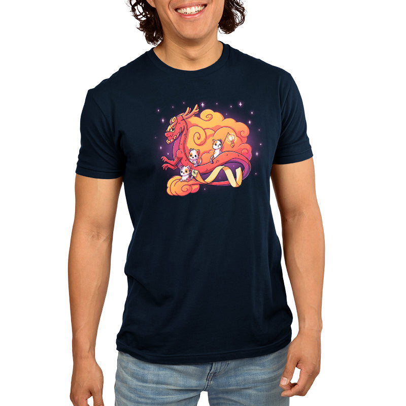 Premium Cotton T-shirt_TeeTurtle Lunar New Year kitties navy blue t-shirt featuring a dragon surrounded by cats.