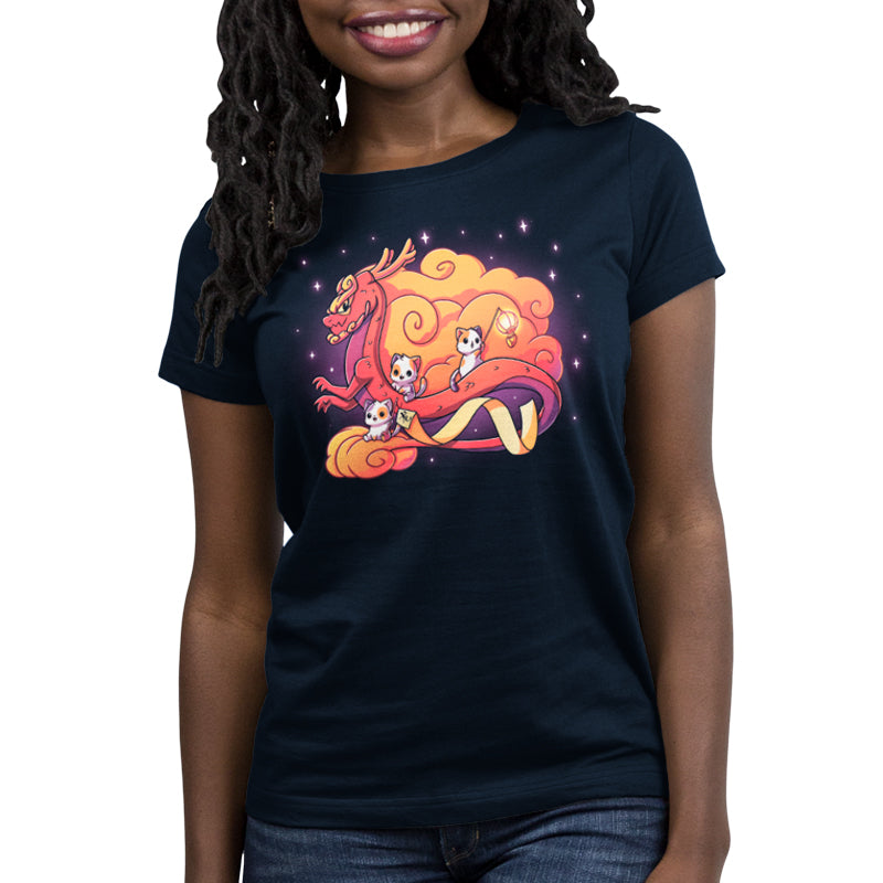 Premium Cotton T-shirt_TeeTurtle Lunar New Year kitties navy blue t-shirt featuring a dragon surrounded by cats.