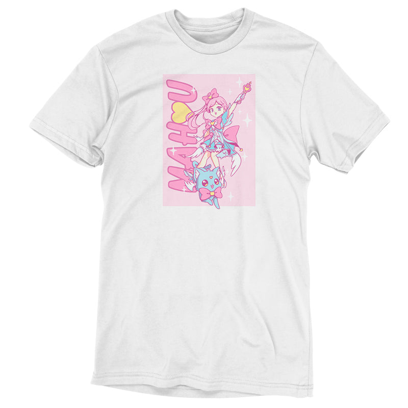 Premium Cotton T-shirt_TeeTurtle Mahou Shoujo and Cat white t-shirt featuring an anime girl with long, pink hair and a pink bow wearing a blue dress and holding a magical staff. A smiling blue cat wearing a pink bow by her feet. "MAHU" is written on the side going upwards, and the illustration is surrounded by stars. 