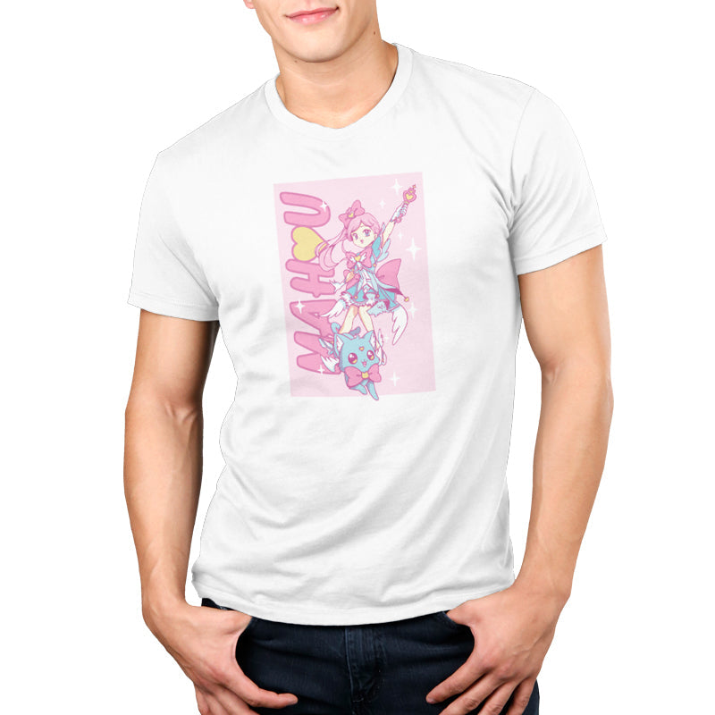 Premium Cotton T-shirt_TeeTurtle Mahou Shoujo and Cat white t-shirt featuring an anime girl with long, pink hair and a pink bow wearing a blue dress and holding a magical staff. A smiling blue cat wearing a pink bow by her feet. "MAHU" is written on the side going upwards, and the illustration is surrounded by stars. 