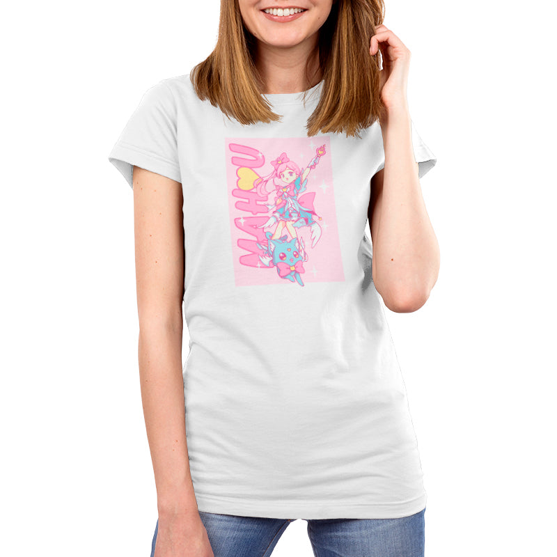 Premium Cotton T-shirt_TeeTurtle Mahou Shoujo and Cat white t-shirt featuring an anime girl with long, pink hair and a pink bow wearing a blue dress and holding a magical staff. A smiling blue cat wearing a pink bow by her feet. "MAHU" is written on the side going upwards, and the illustration is surrounded by stars. 