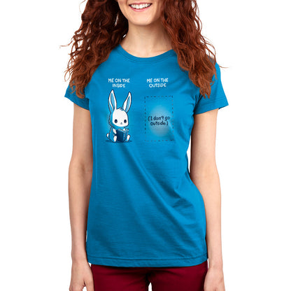 Premium Cotton T-shirt_TeeTurtle Me On The Inside, Me On The Outside cobalt blue t-shirt featuring an illustration of a cute bunny reading a book with text: "Me on the inside." On the right, a blank space with text: "Me on the outside (I don't go outside)." 