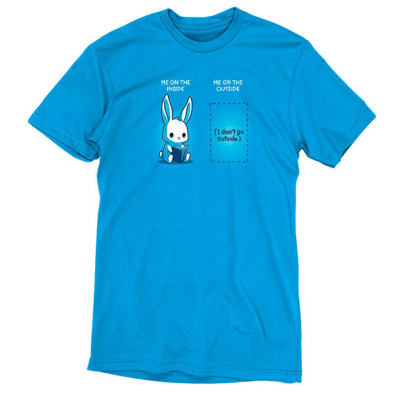 Premium Cotton T-shirt_TeeTurtle Me On The Inside, Me On The Outside cobalt blue t-shirt featuring an illustration of a cute bunny reading a book with text: "Me on the inside." On the right, a blank space with text: "Me on the outside (I don't go outside)." 