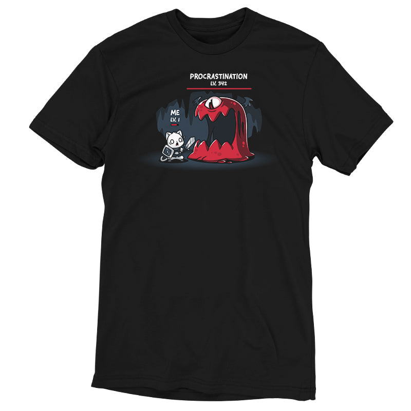 Premium Cotton T-shirt_TeeTurtle Me Vs. Procrastination black t-shirt featuring a cat knight labeled "ME LV. 1" standing nervously in front of a giant red monster labeled "PROCRASTINATION LV. 342" in a dark, cavernous setting.