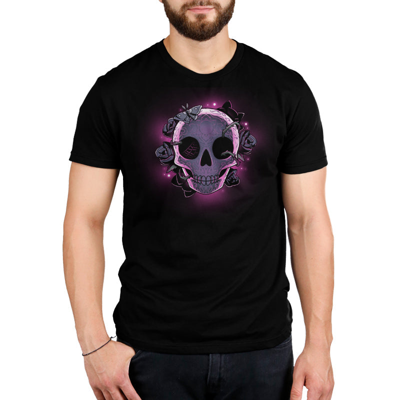 Premium Cotton T-shirt_TeeTurtle black Memento Mori. Featuring a skull with Dia de los Muertos engraving wreathed in roses.