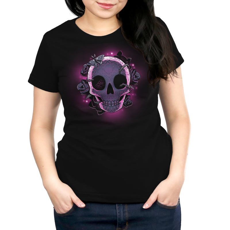 Premium Cotton T-shirt_TeeTurtle black Memento Mori. Featuring a skull with Dia de los Muertos engraving wreathed in roses.