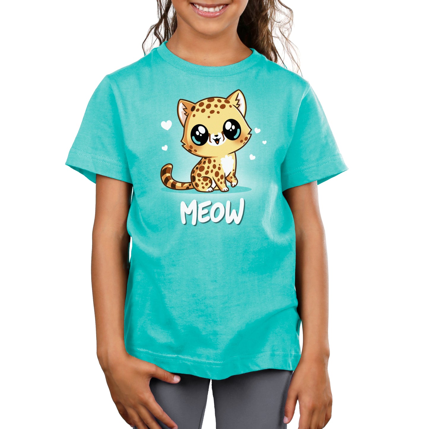 Premium Cotton T-shirt_Teeturtle Meow caribbean blue t-shirt featuring a cute, big-eyed spotted cheetah with a striped tail sitting and smiling. Hearts surround the cat's head, and the word "MEOW" is written below.