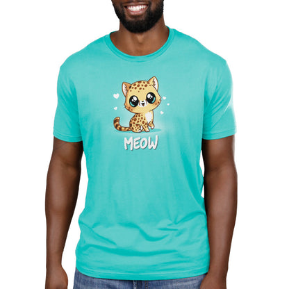 Premium Cotton T-shirt_Teeturtle Meow caribbean blue t-shirt featuring a cute, big-eyed spotted cheetah with a striped tail sitting and smiling. Hearts surround the cat's head, and the word "MEOW" is written below.