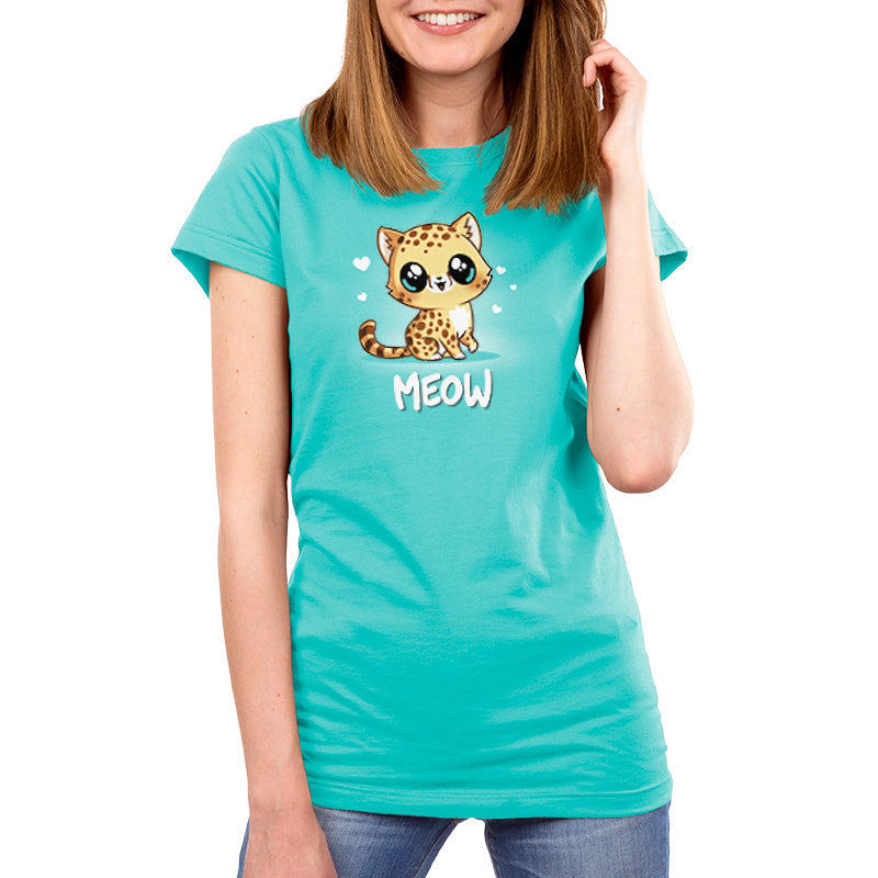 Premium Cotton T-shirt_Teeturtle Meow caribbean blue t-shirt featuring a cute, big-eyed spotted cheetah with a striped tail sitting and smiling. Hearts surround the cat's head, and the word "MEOW" is written below.