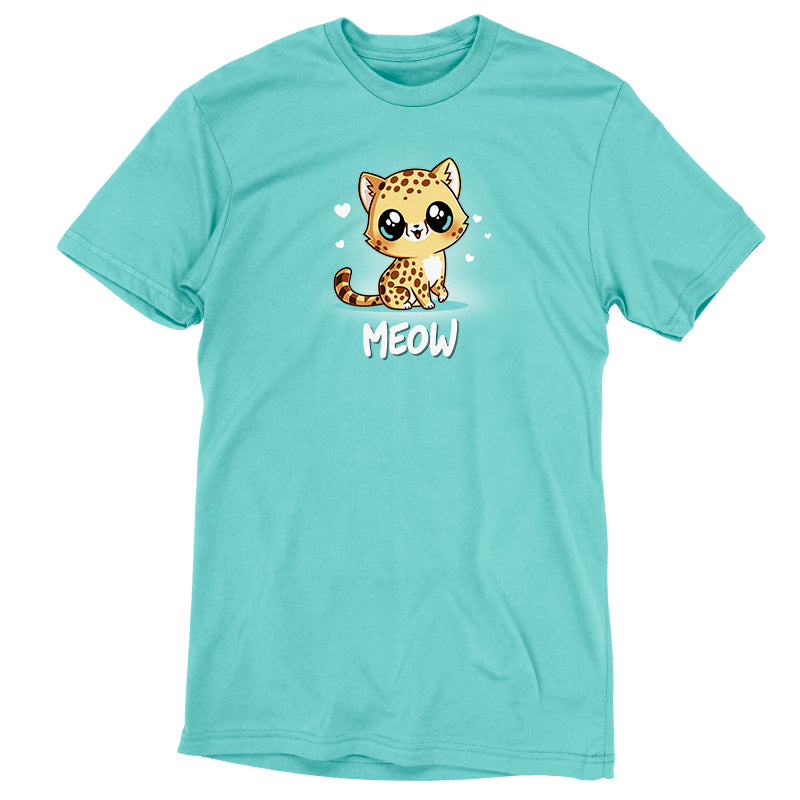 Premium Cotton T-shirt_Teeturtle Meow caribbean blue t-shirt featuring a cute, big-eyed spotted cheetah with a striped tail sitting and smiling. Hearts surround the cat's head, and the word "MEOW" is written below.