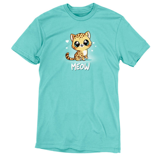 Premium Cotton T-shirt_Teeturtle Meow caribbean blue t-shirt featuring a cute, big-eyed spotted cheetah with a striped tail sitting and smiling. Hearts surround the cat's head, and the word 