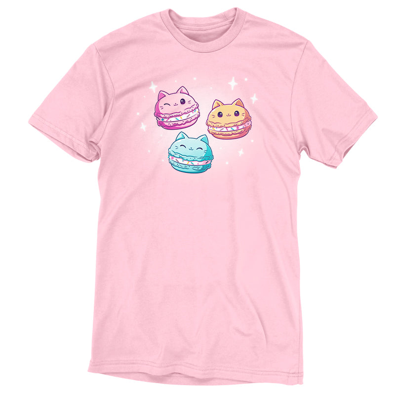 Premium Cotton T-shirt_TeeTurtle Meowcarons light pink t-shirt featuring three magical macaroons shaped like cats.