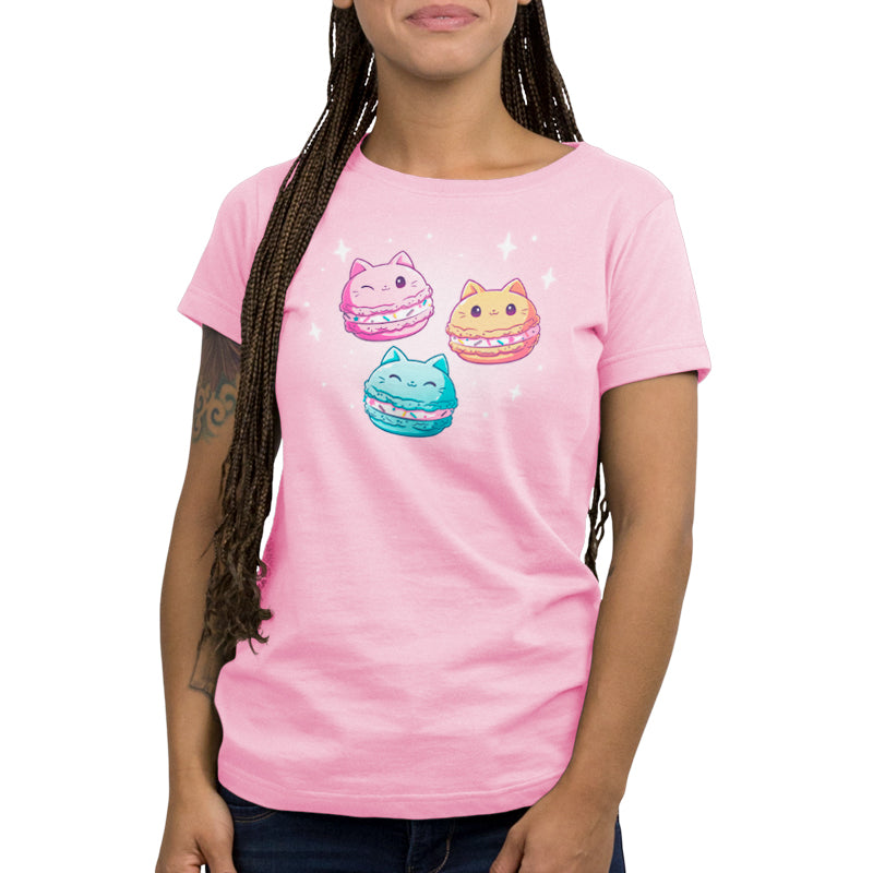 Premium Cotton T-shirt_TeeTurtle Meowcarons light pink t-shirt featuring three magical macaroons shaped like cats.