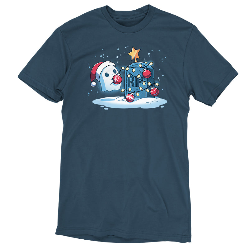 Premium Cotton T-shirt_TeeTurtle denim blue Merry Cryptmas t-shirt featuring a ghost putting holiday decor on a tombstone.