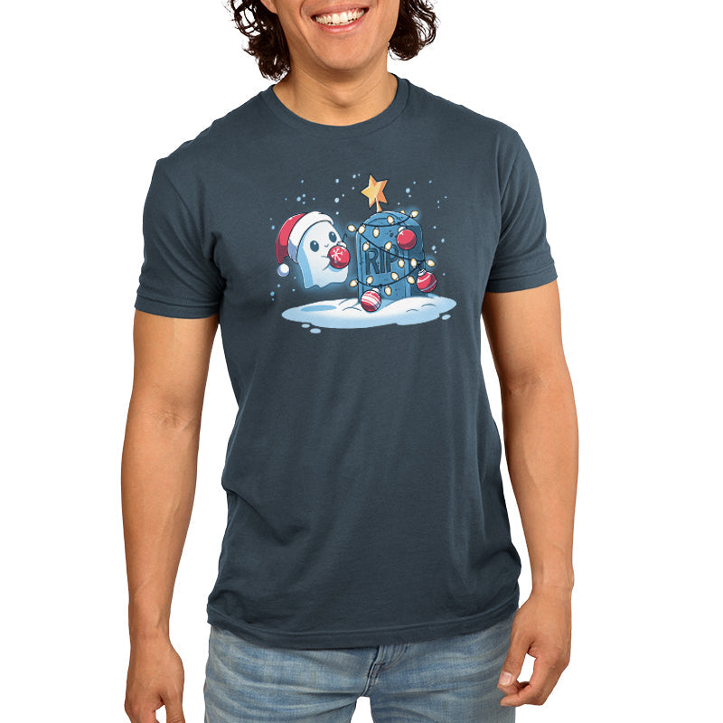 Premium Cotton T-shirt_TeeTurtle denim blue Merry Cryptmas t-shirt featuring a ghost putting holiday decor on a tombstone.