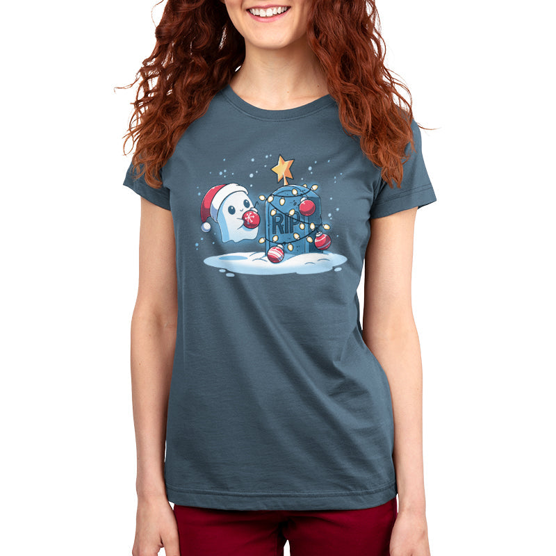 Premium Cotton T-shirt_TeeTurtle denim blue Merry Cryptmas t-shirt featuring a ghost putting holiday decor on a tombstone.