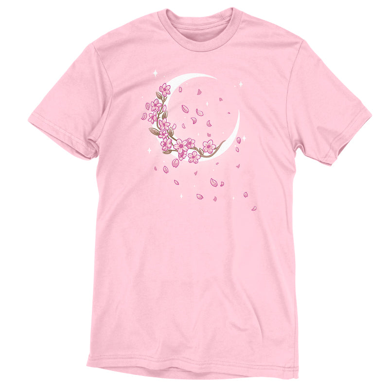 Premium Cotton T-shirt_TeeTurtle Moon Blossoms light pink t-shirt featuring an artistic moon with pink flower blossoms on it and petals all around.