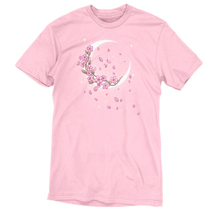 Premium Cotton T-shirt_TeeTurtle Moon Blossoms light pink t-shirt featuring an artistic moon with pink flower blossoms on it and petals all around.