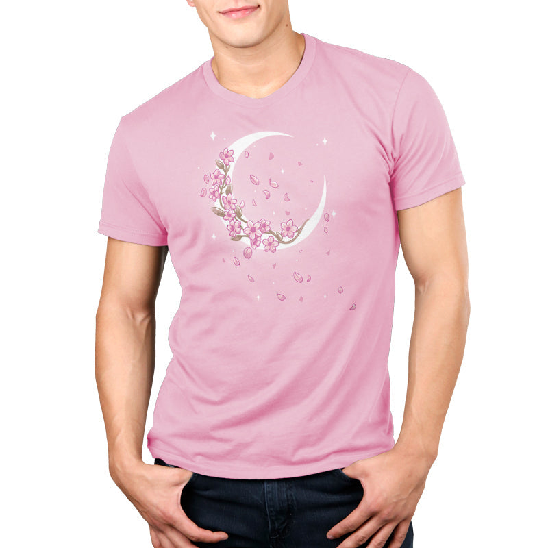 Premium Cotton T-shirt_TeeTurtle Moon Blossoms light pink t-shirt featuring an artistic moon with pink flower blossoms on it and petals all around.