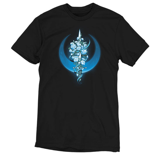 Premium Cotton T-shirt_TeeTurtle Moonlit Blade of Roses black t-shirt featuring a white sword entwined with blue roses and vines, set against a blue crescent moon.