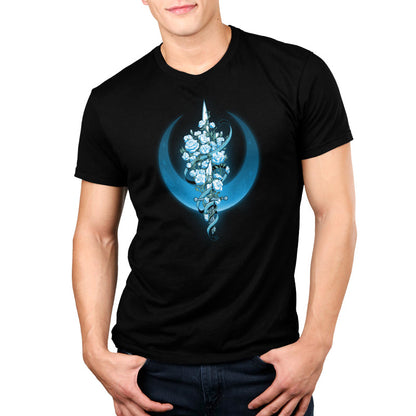 Premium Cotton T-shirt_TeeTurtle Moonlit Blade of Roses black t-shirt featuring a white sword entwined with blue roses and vines, set against a blue crescent moon.