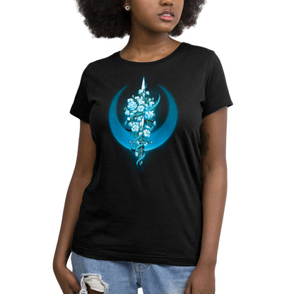 Premium Cotton T-shirt_TeeTurtle Moonlit Blade of Roses black t-shirt featuring a white sword entwined with blue roses and vines, set against a blue crescent moon.