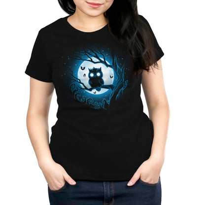 Premium Cotton T-shirt_TeeTurtle Moonlit Owl black t-shirt featuring a glowing blue owl perched on a branch with a full moon and bats in the background.