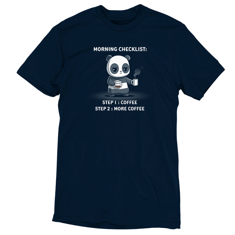 Premium Cotton T-shirt_TeeTurtle Morning Checklist navy blue t-shirt featuring a panda holding a coffee cup and a coffee pot.