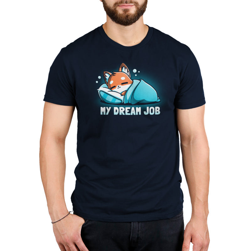 Premium Cotton T-shirt_TeeTurtle navy blue My Dream Job featuring a sleeping fox with a blanket.