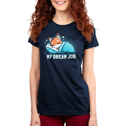 Premium Cotton T-shirt_TeeTurtle navy blue My Dream Job featuring a sleeping fox with a blanket.