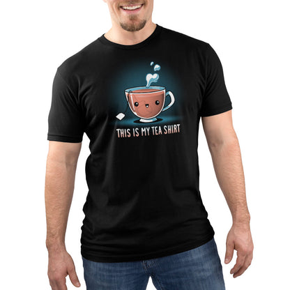 Premium Cotton T-shirt_TeeTurtle My Tea Shirt black t-shirt featuring a smiling teacup with a tea bag inside. Text below reads, "This is My Tea Shirt."