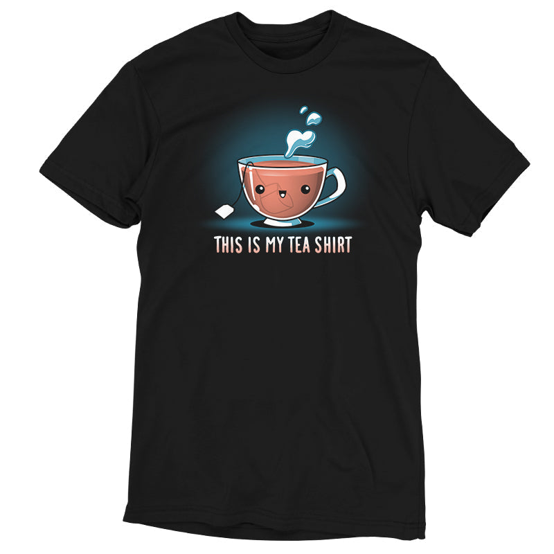 Premium Cotton T-shirt_TeeTurtle My Tea Shirt black t-shirt featuring a smiling teacup with a tea bag inside. Text below reads, "This is My Tea Shirt."