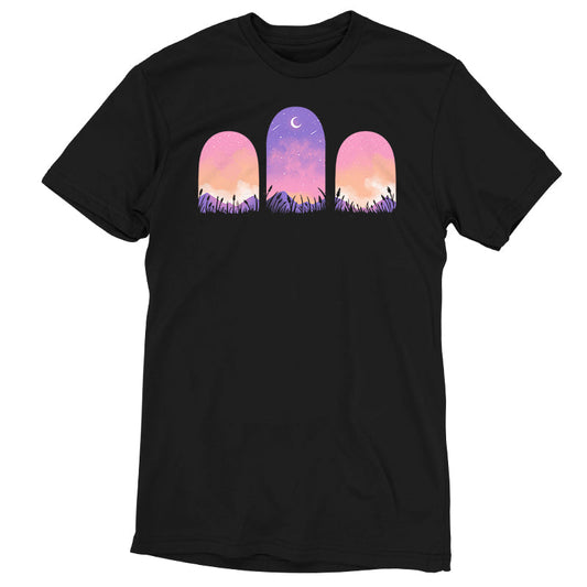 Premium Cotton T-shirt_TeeTurtle Mystic Triptych black t-shirt featuring three arched windows showing a purple and pink sky with a crescent moon and stars, silhouetted grass, and mountains in the foreground.