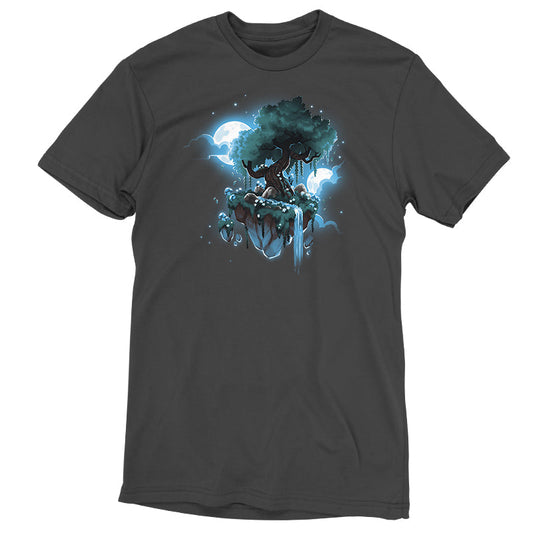 Premium Cotton T-shirt_TeeTurtle Mystical Floating Tree charcoal gray t-shirt featuring an illustration of a large tree on a floating island with a cascading waterfall and glowing blue moons in the background.