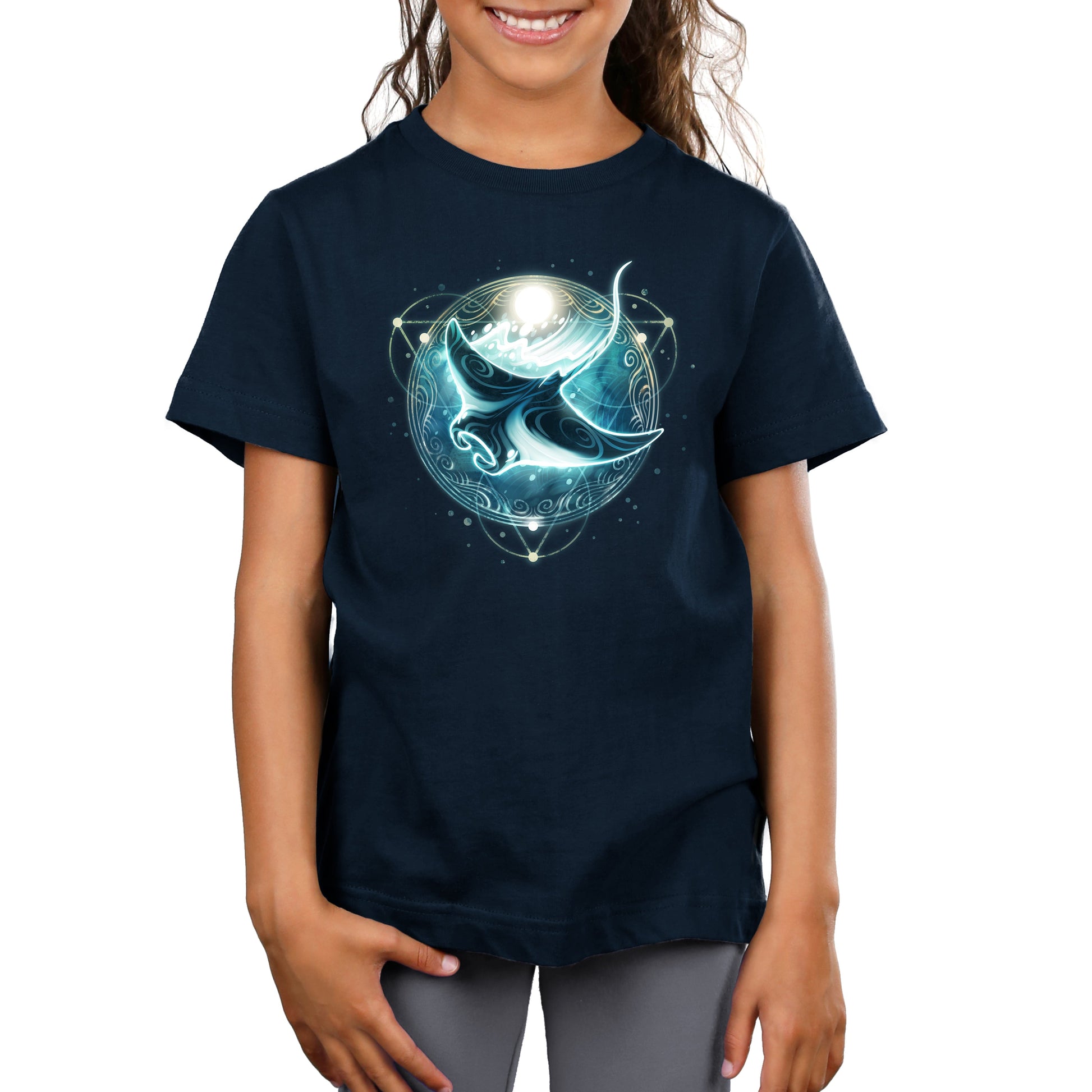 Premium Cotton T-shirt_TeeTurtle Mystical Manta Ray navy blue t-shirt featuring a glowing manta ray with swirling patterns.
