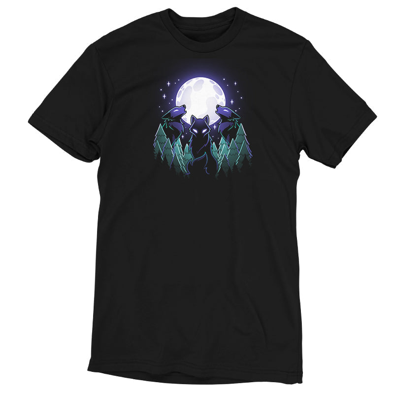 Premium Cotton T-shirt_TeeTurtle Mystical Moon black t-shirt featuring three wolves with glowing eyes howl at a large, Mystical Moon, surrounded by a nature forest of evergreen trees and twinkling stars in the night sky.