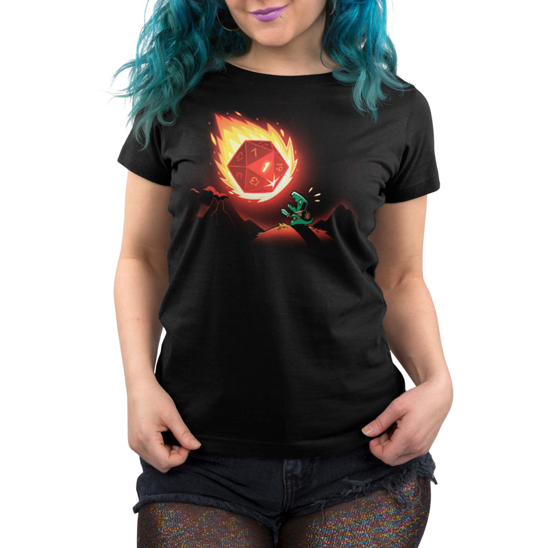 Premium Cotton T-shirt_TeeTurtle Natural Disaster black t-shirt featuring a dinosaur wearing armor and holding a sword looking up at a giant 20-sided die falling from the sky like a meteorite. 