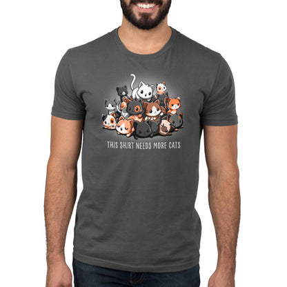 Premium Cotton T-shirt_TeeTurtle Needs More Cats charcoal gray t-shirt featuring a pile of cute cats with a little sarcastic blurb below.