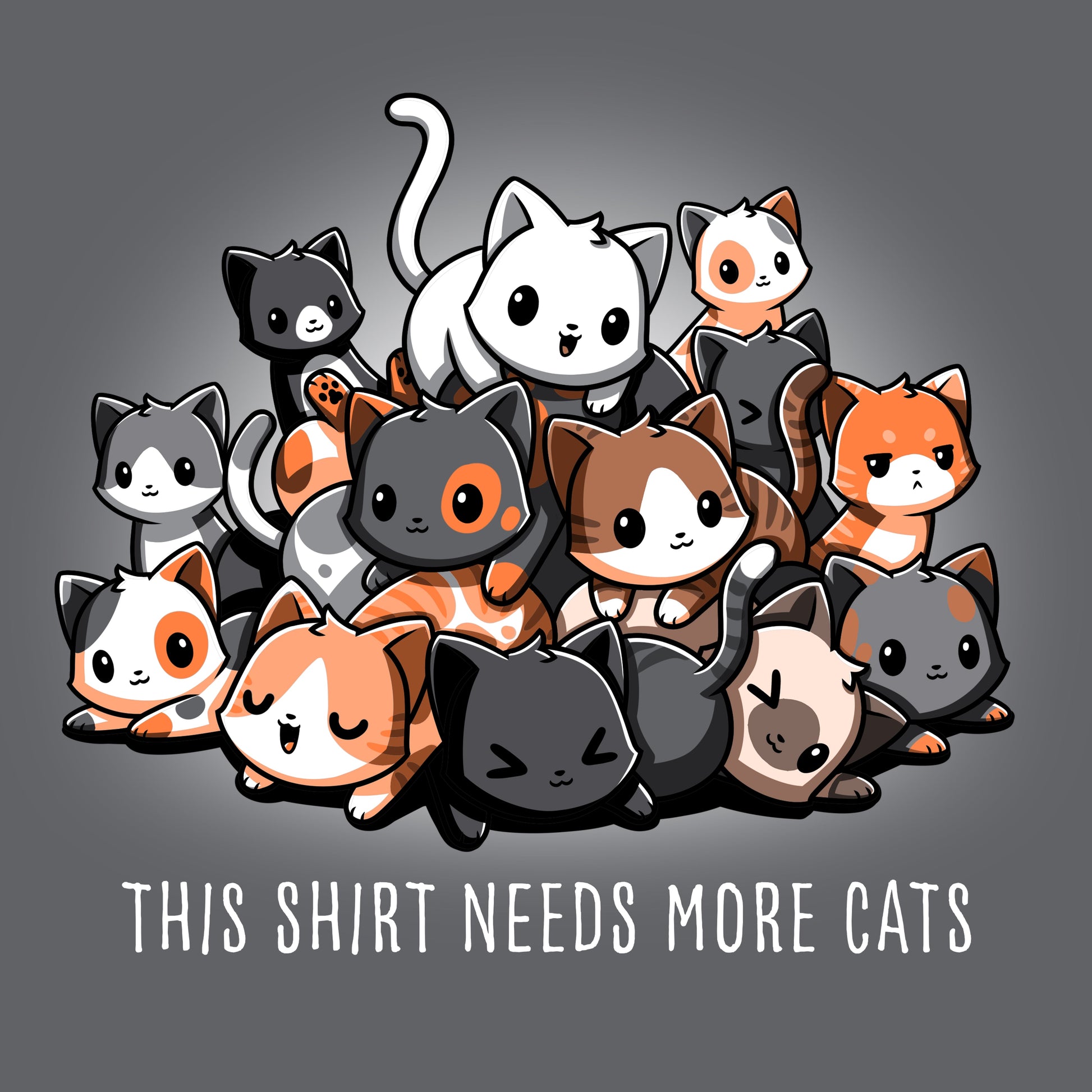 Premium Cotton T-shirt_TeeTurtle Needs More Cats charcoal gray t-shirt featuring a pile of cute cats with a little sarcastic blurb below.