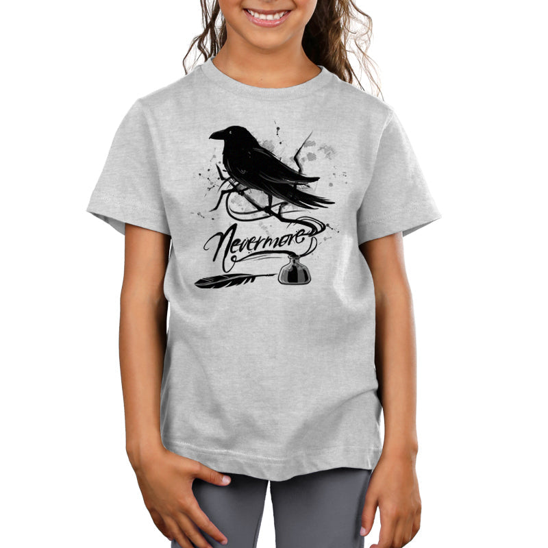 Premium Cotton T-shirt_TeeTurtle silver gray Nevermore. Featuring a raven perched on a branch coming out of an inkwell.