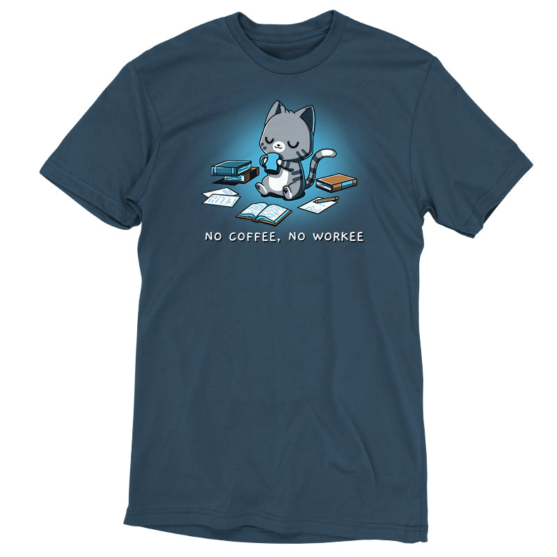 Premium Cotton T-shirt_TeeTurtle No Coffee No Workee Denim t-shirt featuring a cartoon cat holding a coffee cup, surrounded by books and papers. Text reads "No Coffee No Workee"