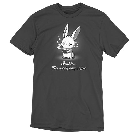 Premium Cotton T-shirt_TeeTurtle No Words Only Coffee Charcoal Gray t-shirt featuring a cartoon bunny with closed eyes holding a steaming coffee cup.