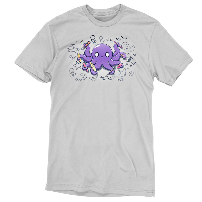 Premium Cotton T-shirt_TeeTurtle Octopus Artist silver gray t-shirt featuring an illustration of a cheerful purple octopus holding various creative tools, surrounded by sketches of sea creatures and nautical elements.