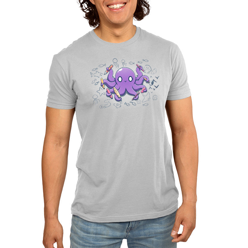 Premium Cotton T-shirt_TeeTurtle Octopus Artist silver gray t-shirt featuring an illustration of a cheerful purple octopus holding various creative tools, surrounded by sketches of sea creatures and nautical elements.