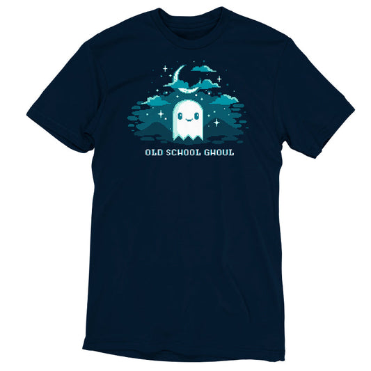 Premium Cotton T-shirt_TeeTurtle Old School Ghoul navy blue t-shirt featuring a spooky pixel art smiling ghost under a crescent moon and stars with text 