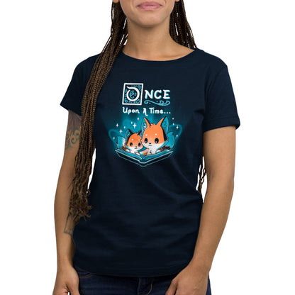 Premium Cotton T-shirt_TeeTurtle Once Upon a Time (Foxes) navy blue t-shirt featuring two cartoon foxes reading a magical open book with the words "Once Upon a Time" above them.